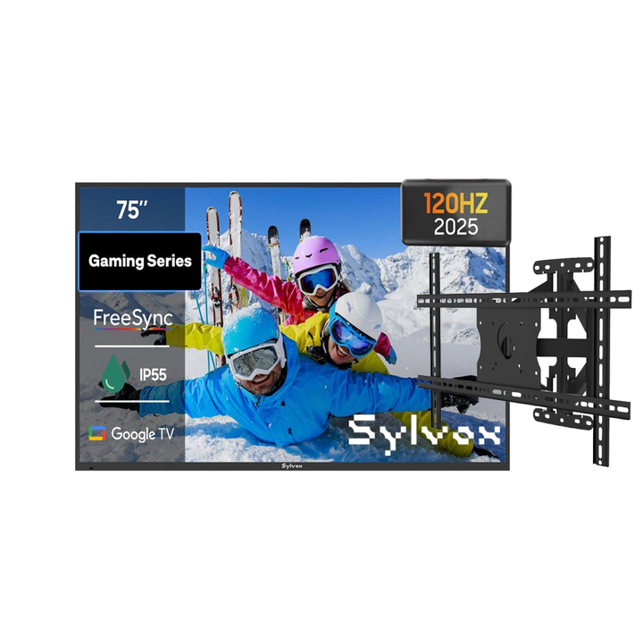 75 inch outdoor gaming TV with wall mount, weatherproof television for patio and backyard