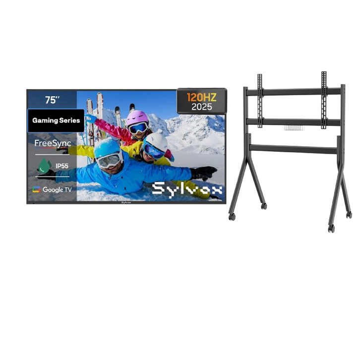 75inch outdoor gaming TV with rolling TVcart, weatherproof television for patio and backyard