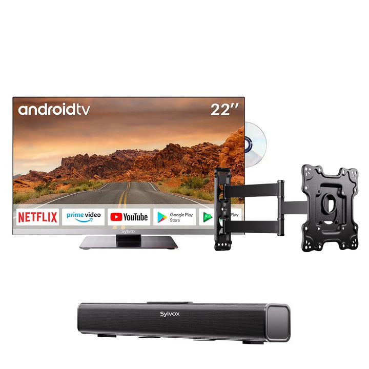 22'' Smart 12V RV DVD Combo TV (2023 Limo Series)++Sylvox Full Motion TV Wall Mount+12V Soundbar