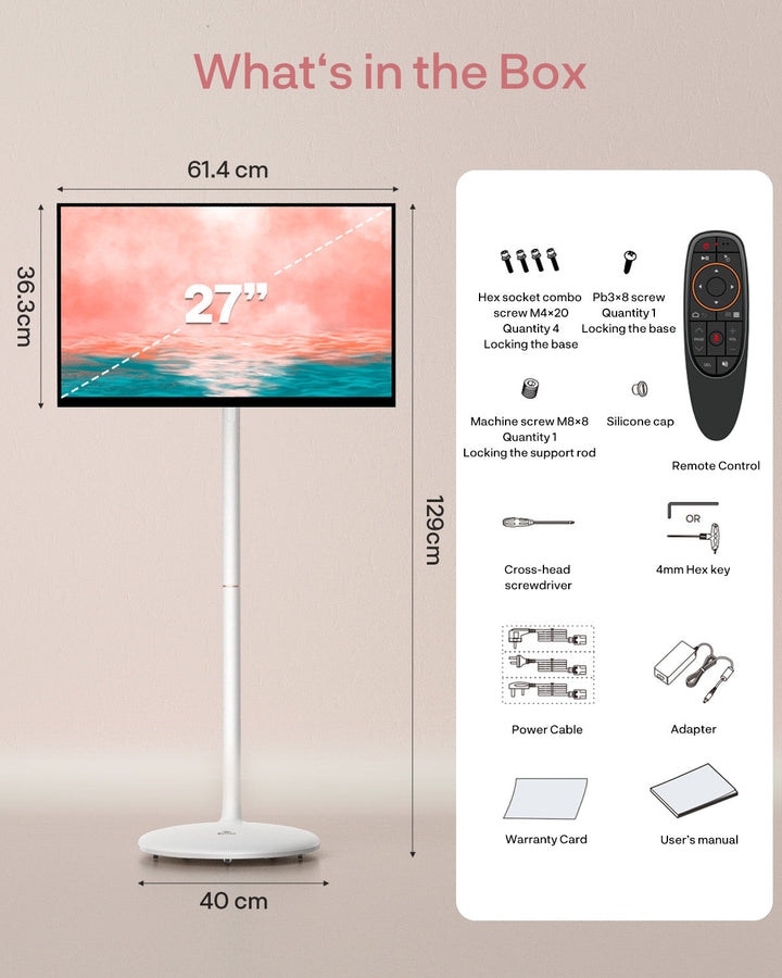 27" Portable Battery-Powered Smart TV on Wheels with Touchscreen (Rolling TV Series)