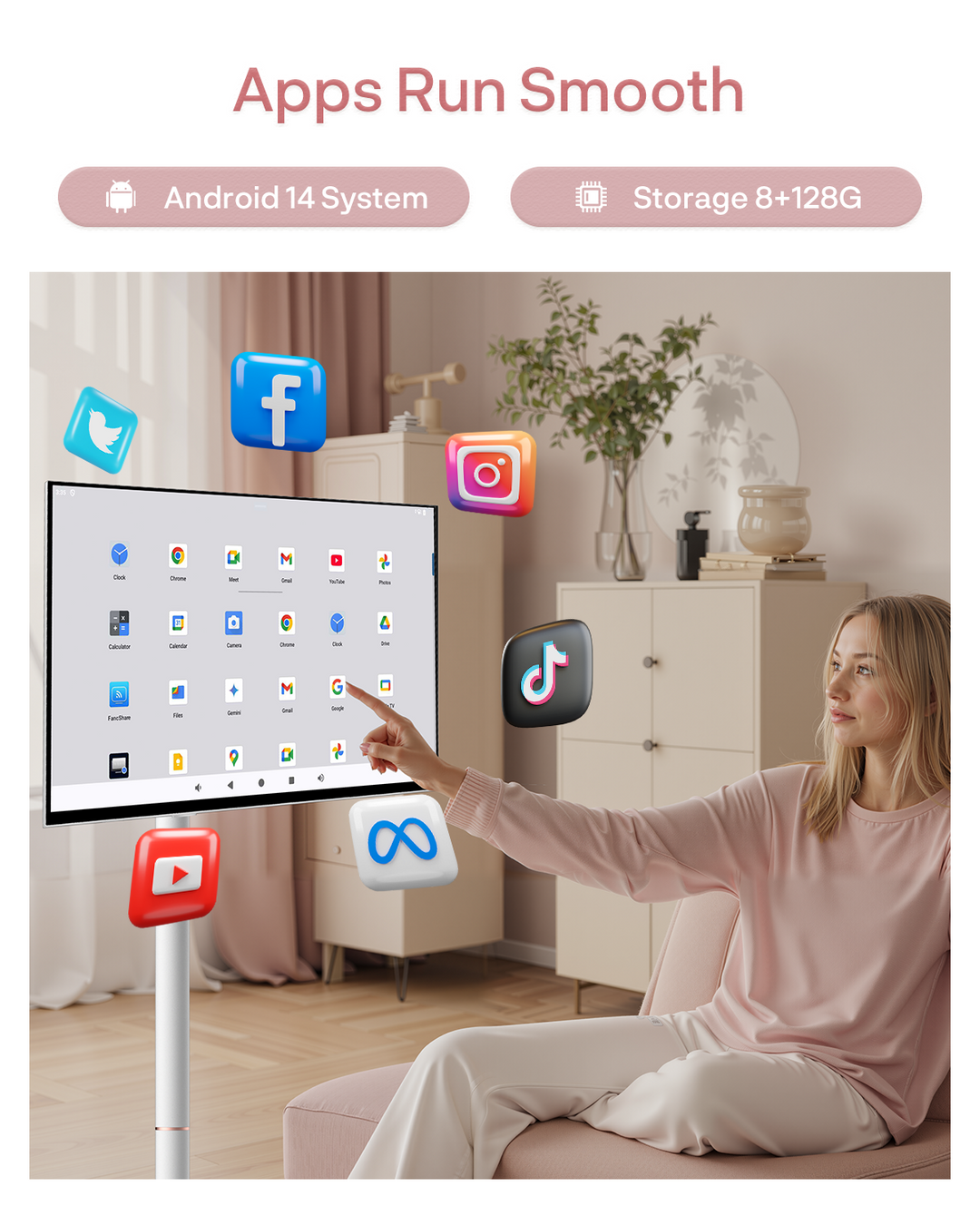 27" Portable Battery-Powered Smart TV on Wheels with Touchscreen (Rolling TV Series)