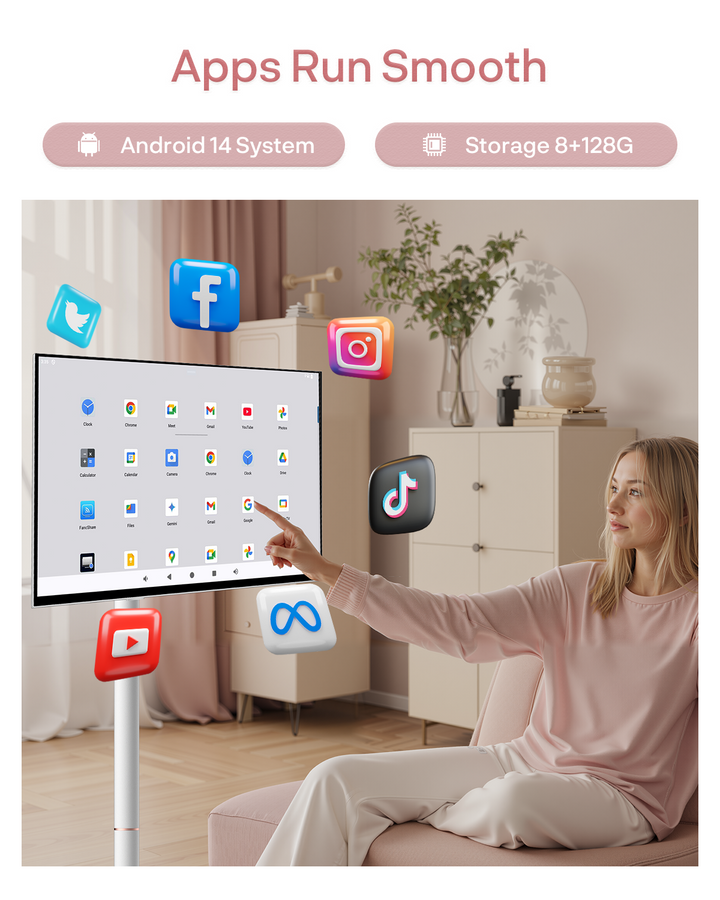 27" Portable Battery-Powered Smart TV on Wheels with Touchscreen (Rolling TV Series)