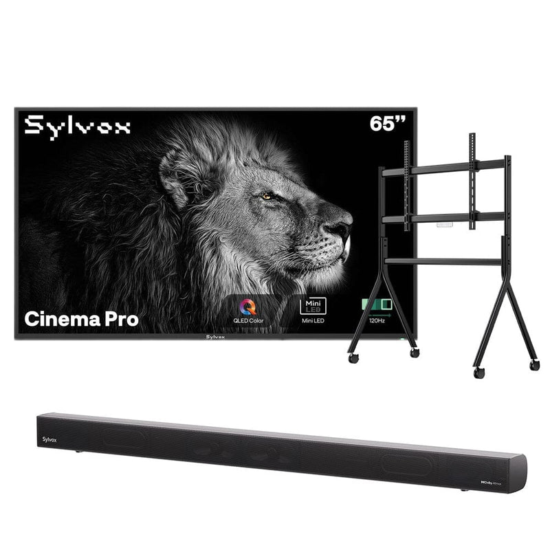 65" Cinema Pro Helio QLED Full Sun Outdoor TV with Rolling TV Cart & S2 Outdoor Soundbar
