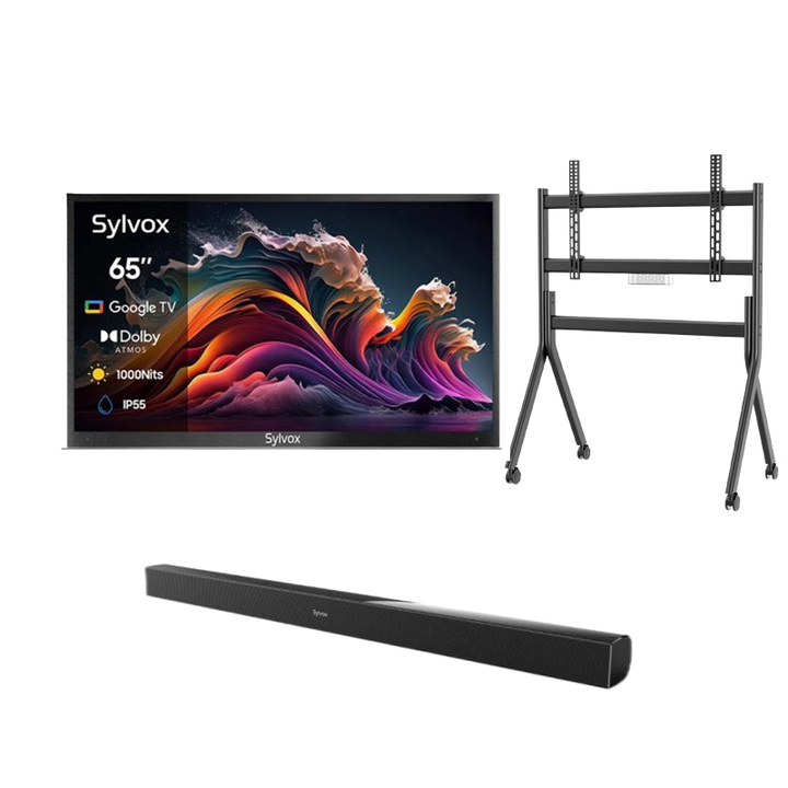 Deck Pro Qled 2.0 65" Partial Sun Outdoor TV with Rolling TV Cart & S2 Outdoor Soundbar