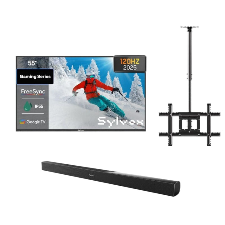 Gaming Series 55" Partial Sun Outdoor TV with Ceiling Mount & S2 Outdoor Soundbar
