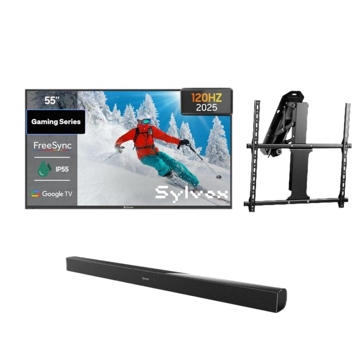 Gaming Series 55" Partial Sun Outdoor TV with Motorized Ceiling Mount & S2 Outdoor Soundbar